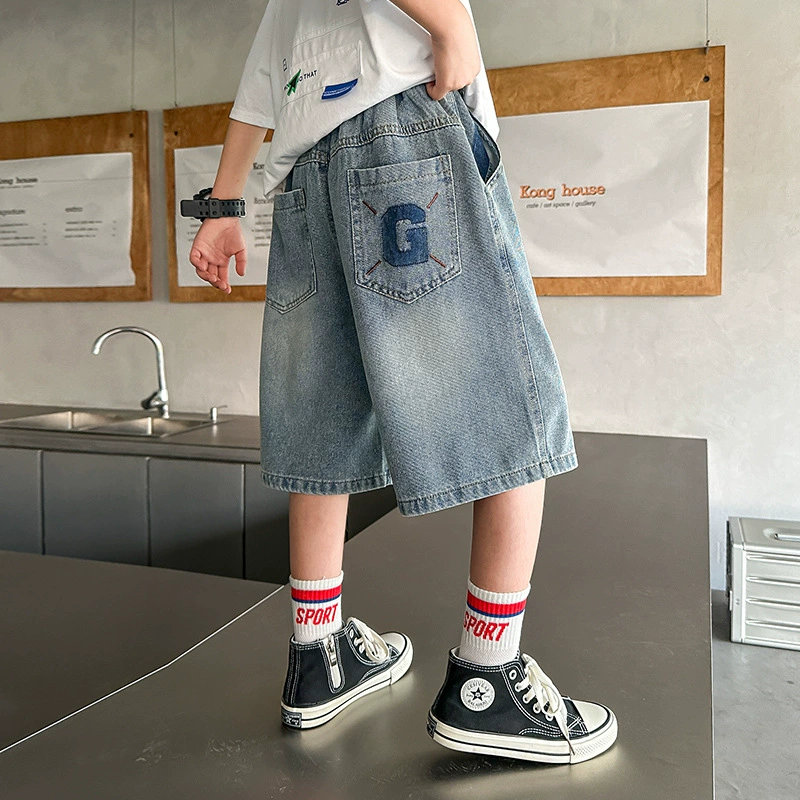 Детская одежда, джинсовые шорты для мальчиков, новинка 2025 года, летняя одежда, детские повседневные брюки с пятью точками, летние свободные средние брюки для мальчиков, лето