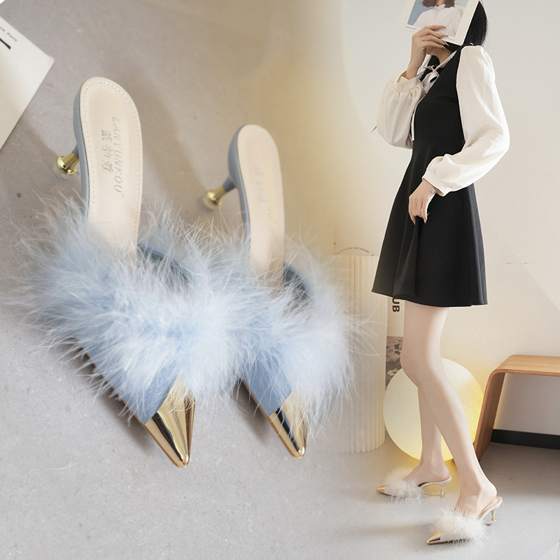 Zhi Mao Mao High-heeled Thin-heeled Sandals Women's Outer Wear Spring and Autumn New Style Baotou French Metal Pointed Half Slippers for Women