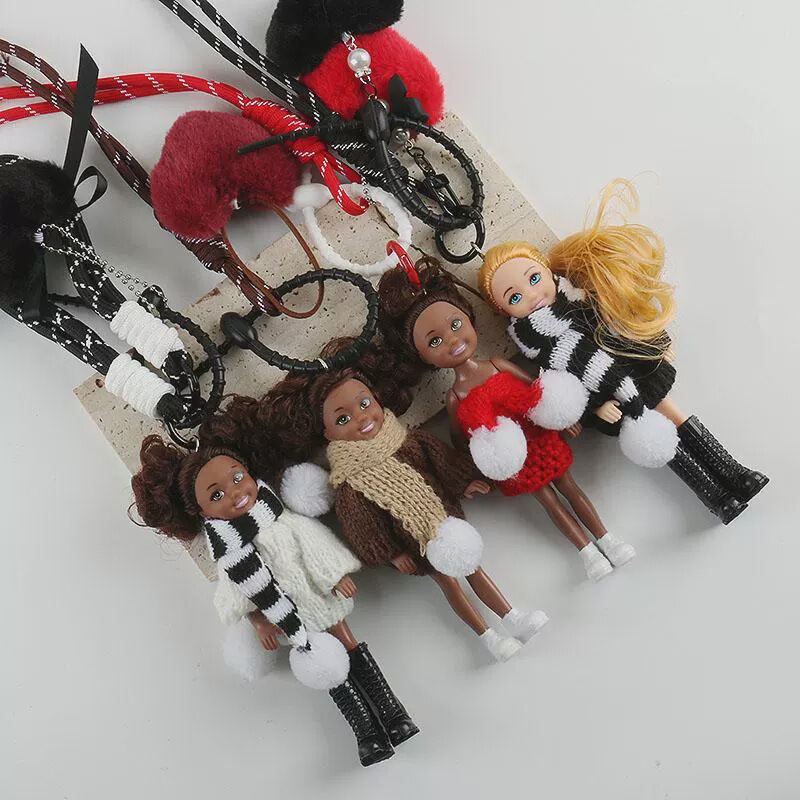 Cross-Border Curly Hair Barbie Princess Doll Bag Pendant Autumn and Winter Sweater Scarf Black Doll Keychain Pendant Trendy