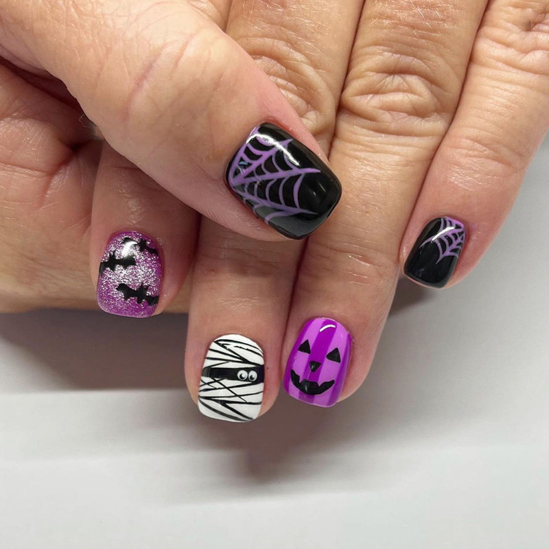 Purple Halloween Short Square Mummy Spider Web Glitter Design Detachable Get Wear Nail Art Patch Purple Halloween Short Square Mummy Spider Web Glitter Design Detachable Get Wear Nail Art Patch