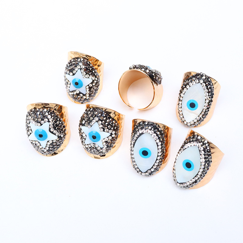 27g Weight Natural Stone, Shell Inlay Material Open Ring Classification Retro Streetwear Pentagram Devil's Eye Copper Inlay Natural Stone Shell Open Ring