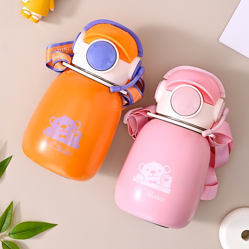 lindas tazas de niños ins niñas de alto valor facial tazas de estómago grandes auriculares oso portátil tazas de alumno de paja de acero inoxidable