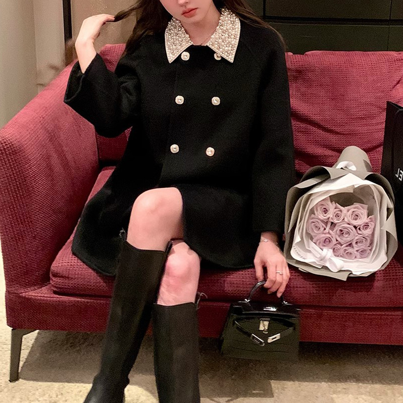 miu 시리즈 듀얼웨어 양면 모직 100 울 블랙 코트 여성 고급 모직 코트
