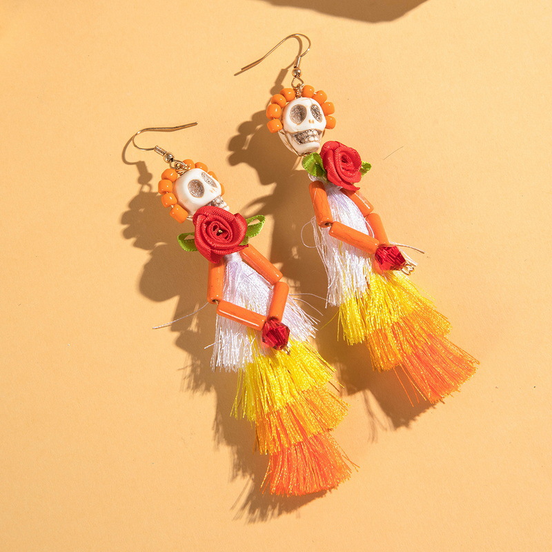 27g Weight Alloy Ear Needle Material Drop Earrings Classification 1 Pair Quantity Holiday, Daily Occasion Alloy, Resin Material Halloween Festival Tassel, Skull Pattern Women's Gender Plating Design Elegant, Streetwear Style 1 Pair Halloween Elegant Streetwear Tassel Skull Plating Alloy Resin Drop Earrings 16