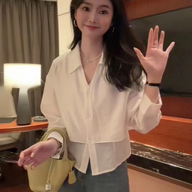 白色假两件衬衫女2025秋季新款时尚休闲减龄系带收腰显瘦防晒上衣