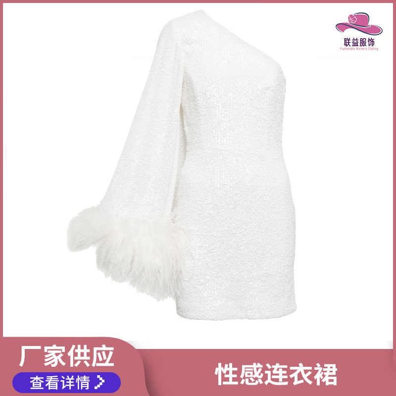 Evening Short Dress with Sequins, Bodycon Skirt, Flared Sleeves, One-Shoulder Feather Dress, Wholesale from Manufacturer, Long-Sleeved, Elegant and Graceful Evening Short Dress with Sequins, Bodycon Skirt, Flared Sleeves, One-Shoulder Feather Dress, Wholesale from Manufacturer, Long-Sleeved, Elegant and Graceful