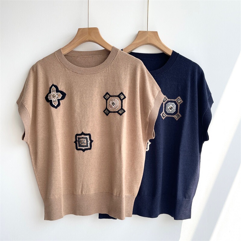 Max Summer Pullover Short-Sleeved Knitted Top for Women, Linen Blend High-End Embroidered Sequin Drop-Shoulder Sleeve T-Shirt