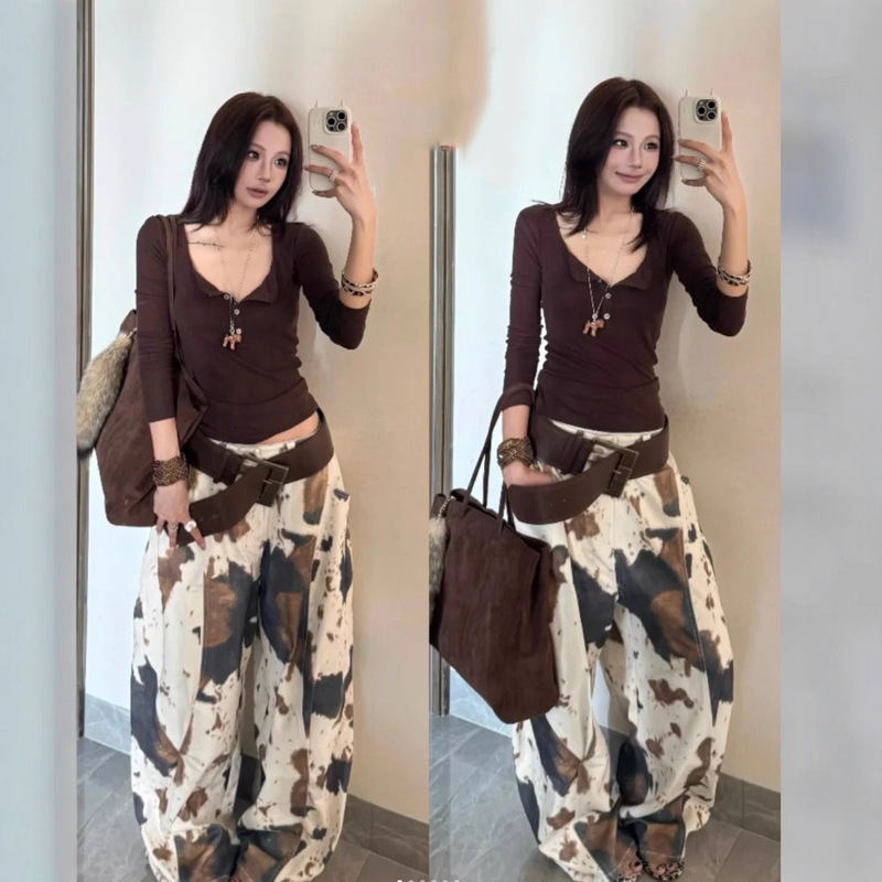 American-Style Spicy Girl Loose Lazy Relaxed Jeans for Women, Vintage Washed Apricot Cow Print Floor-Length Pants