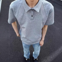 美式重磅男士POLO衫高级拼接百搭翻领潮流高级感宽松休闲短袖t恤