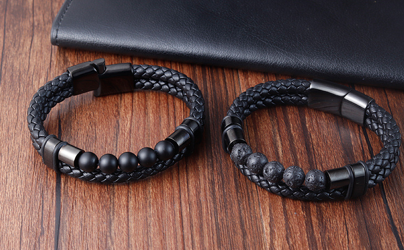 30g Weight Bracelets Classification 316L Stainless Steel , Leather Rope Chain Material Woven Chain Chain Type Retro Classic Style Pu Leather Volcanic Rock Titanium Steel Geometric Woven Chain Men Cord & Leather Bracelets