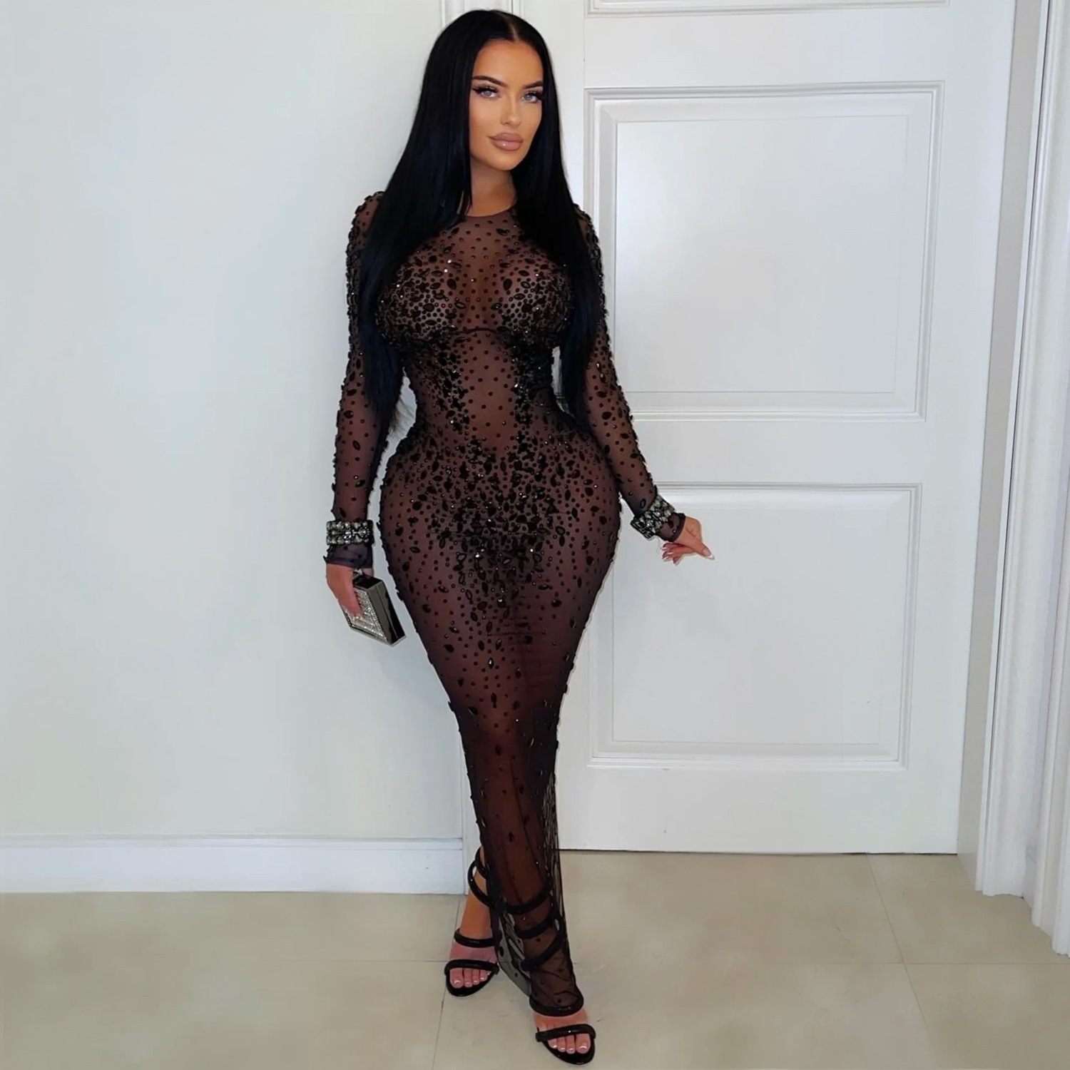 C7596 Aliexpress transfronterizo Amazon Europa y América de moda femenina perspectiva sexy malla de diamante vestido de cadera