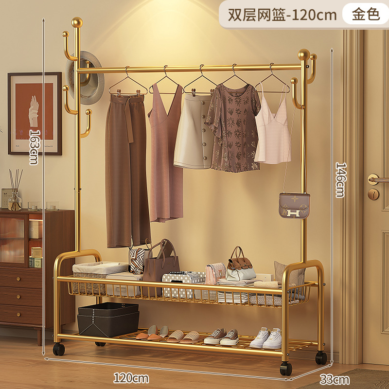 120cm 더블 레이어 메쉬 바스켓 - 라이트 럭셔리 골드 + 후크 6개 + 메탈 유니버설 휠