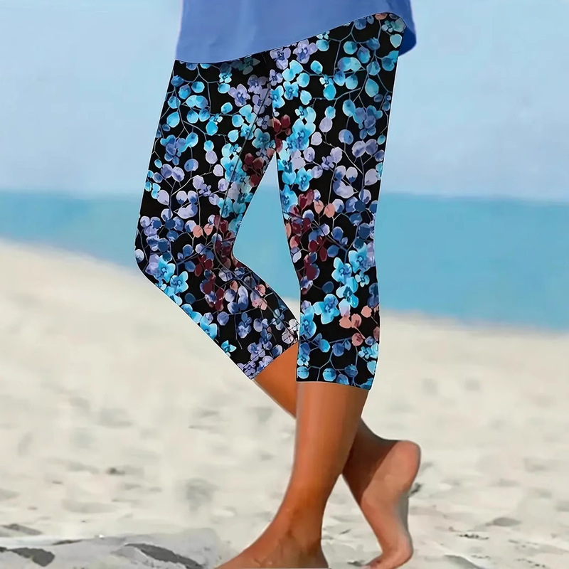 2025 European and American women's elegant capri tights-elastic and comfortable, floral print 7-point leggings