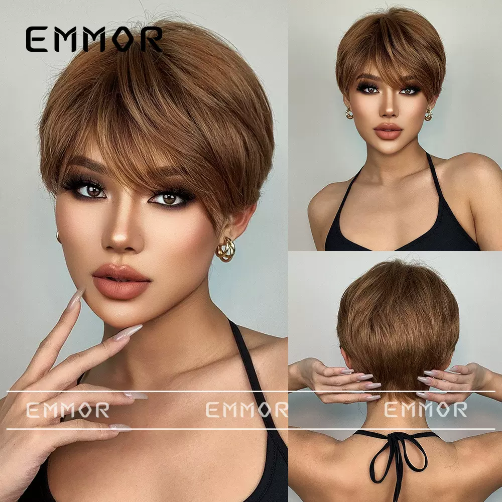 Emmor跨境时尚假发 自然层次有刘海短发直发减龄波波头女士假发套