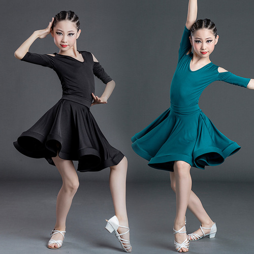 Girls kids children Green black Latin dance dresses children ballroom salsa chacha rumba dance costumes modern dance regulation performance suit