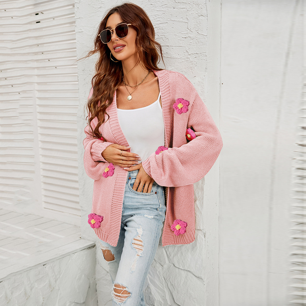 2023 primavera nuevo estilo europeo y americano de talla grande ropa de mujer rebeca de flores transfronterizas de Amazon suéter de manga de linterna chaqueta mujer image 4