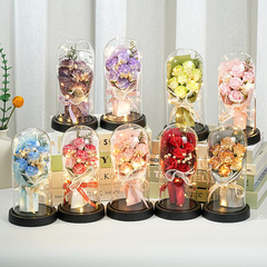七夕のバレンタインデーギフト、バラの花灯、ガラスカバー、プリザーブドフラワー、ドライフラワーブーケ、教師の日のカーネーションの小さな置物