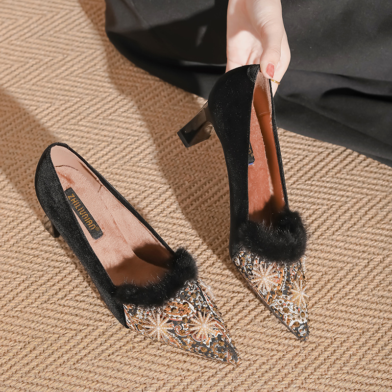 High-grade Suede Fluffy Shoes Women's Winter All-match Pearl Pressure Diamond fleece-lined High-heeled Shoes Ladies Pointed-toe Women's Shoes