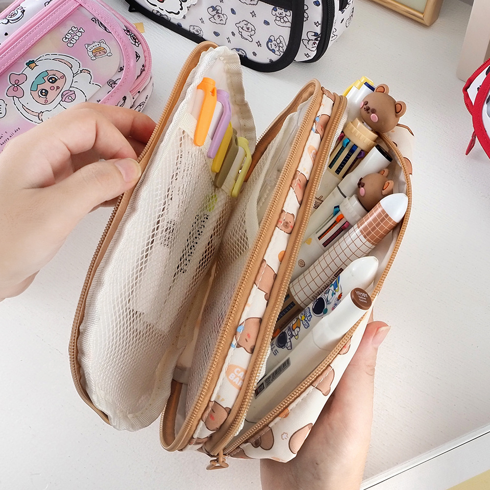 Bolsas de lápiz coreanas de estilo de dibujos animados de gran capacidad bolsas de lápiz con cremallera multicapa de alto valor facial caja de lápiz de almacenamiento
