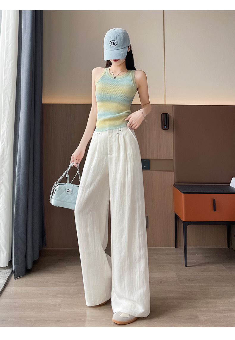 Quần ống rộng vải lụa băng đa năng nữ, phong cách sang trọng mỏng nhẹ mùa hè, quần ống đứng vải lanh Tencel — Màu xanh hải quân (kiểu thông thường) chi tiết 34