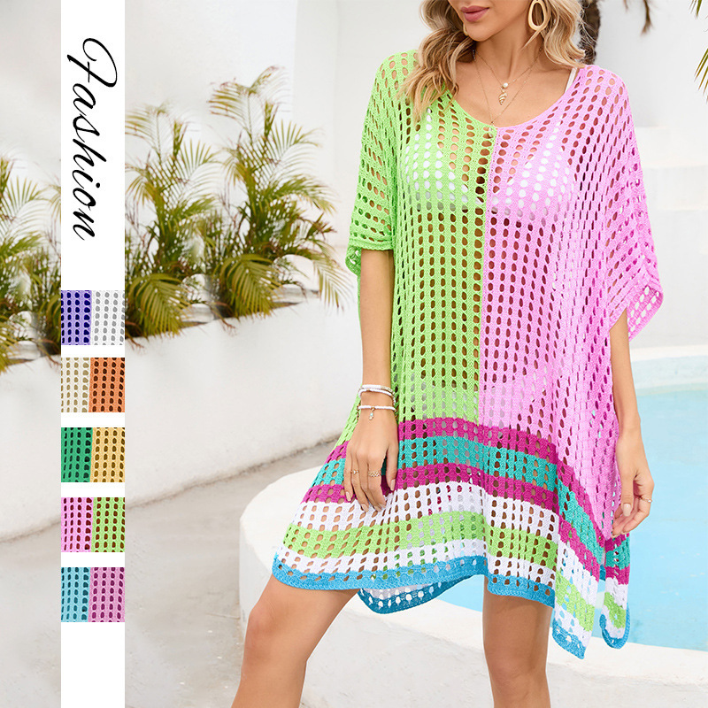 2026 Summer European and American Amazon Cross-Border Women's Clothing Patchwork Hollow Beach Dress Knitted Loose Plus Size Bikini Cover-Up