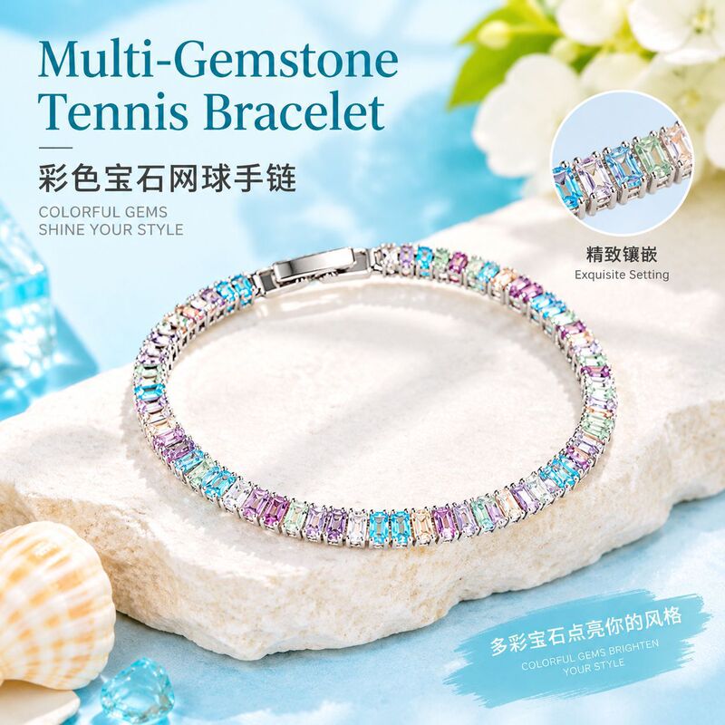 Cross-border best-selling colorful ice flower cubic zirconia tennis bracelet, rectangular rainbow gemstone bracelet, lightweight luxury jewelry for women