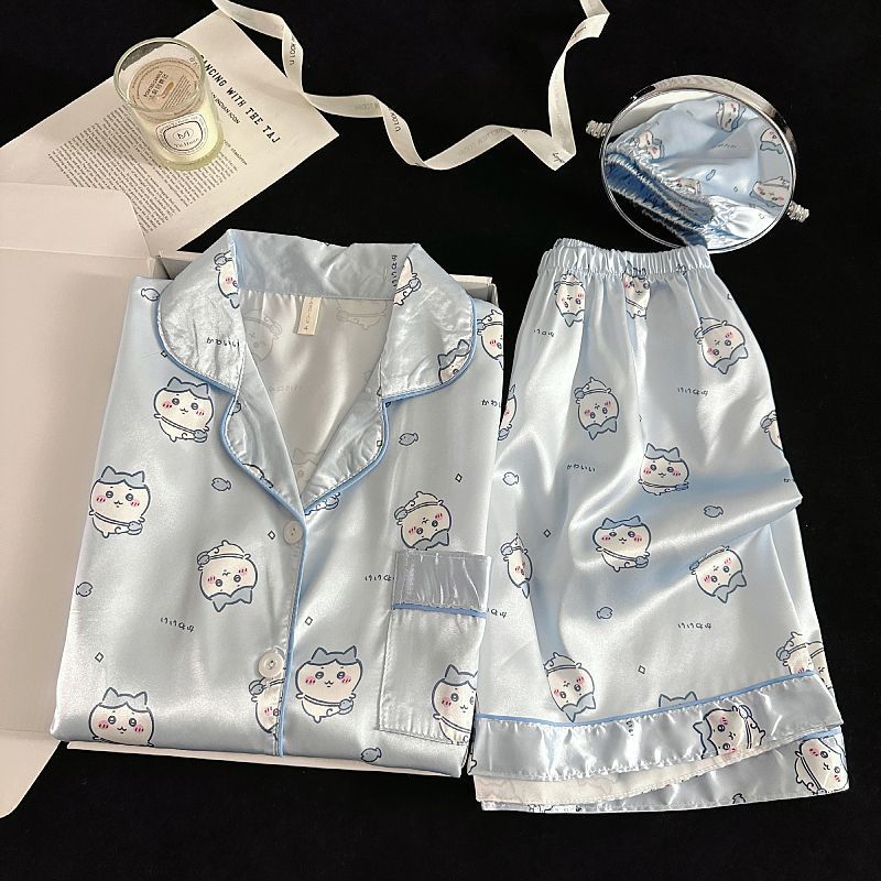 Pijamas de alta gama, pantalones cortos de manga corta de seda de simulación de verano para mujer, traje de servicio a domicilio de estudiante de niña dulce y lindo, estilo delgado