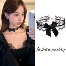 温柔纯欲风白色蕾丝蝴蝶结choker颈带项链女钛钢不褪色颈链锁骨链