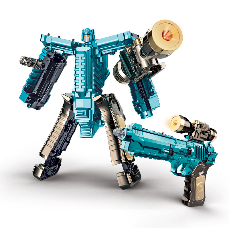Blue transforming assault pistol robot (two forms/sound and light/cannonball ejection)