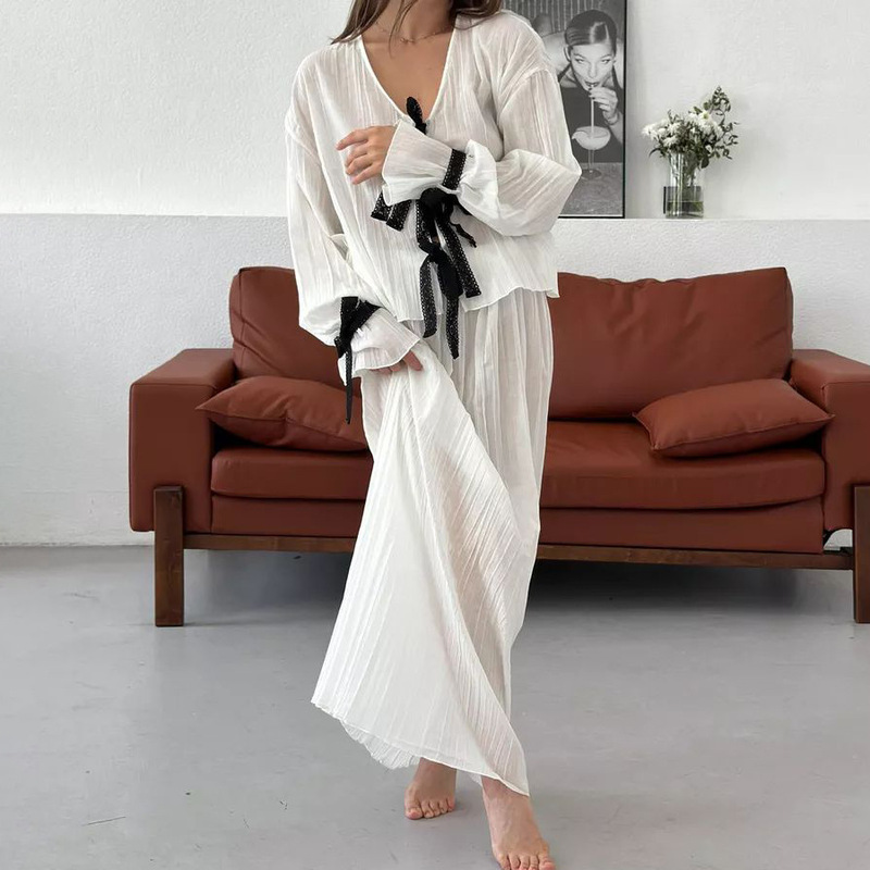 欧美秋冬新款白色V领天丝睡衣长袖长裙两件套女式家居服2025跨境|undefined