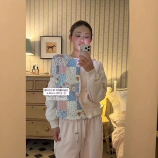 25现货韩国东大门秋冬新款smoothmo*d棉圆领夏洛特花卉拼接长袖T