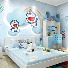 卡通哆啦A梦壁布男孩女孩卧室蓝色背景墙布幼儿园儿童亲子房壁画
