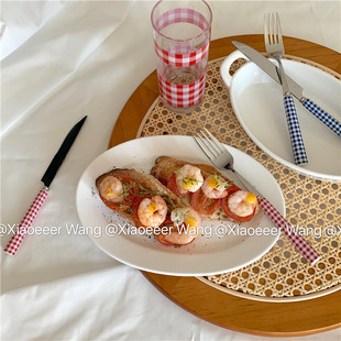 Fork and Spoon Set Ins Retro Plaid Stainless Steel Knife and Fork Ceramic Handle Household Tableware Steak Knife Western Food Spoon