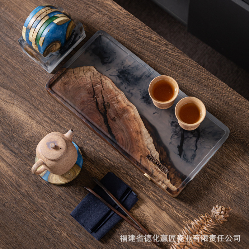 Bandeja de té de punto de fábrica, lujo, alta calidad, madera maciza, nueva tinta china, resina epoxi, bandeja de té de espuma seca