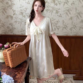 2025韩版夏季新款甜美蕾丝花边缎面公主风法式蝴蝶结家居服睡衣