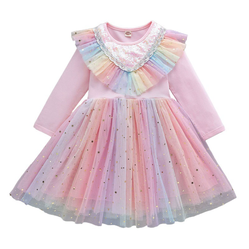 Весенний сезон, платье принцессы Эльзы для девочек, осеннее стильное радужное платье с длинными рукавами и крыльями, пушистая пряжа, единорог