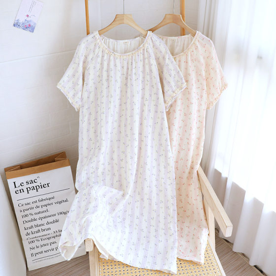 Sweet Lace Pure Cotton Short-sleeved Nightdress Women's Spring and Summer Thin Double-layer Gauze Floral Loose Cotton Home Dress