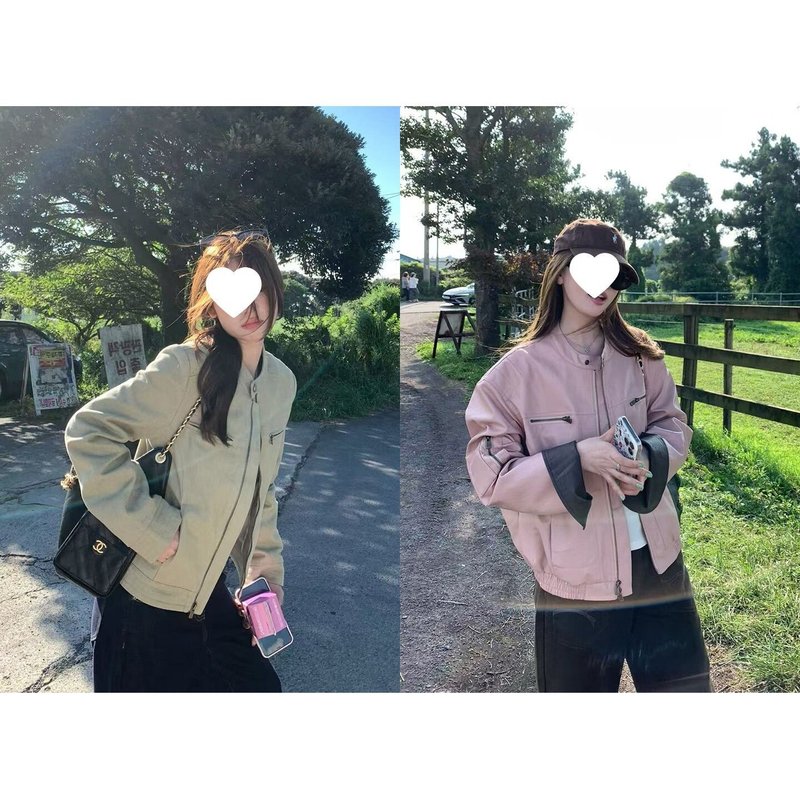 im向 曼哈顿暮色’设计感撞色拼皮粉色皮衣外套女秋季/水洗棉夹克|undefined