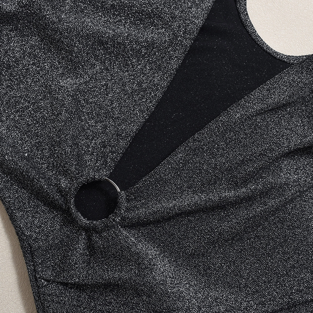 Women Spring Summer Silver Silk Cropped Irregular Asymmetric Strap Dress Women