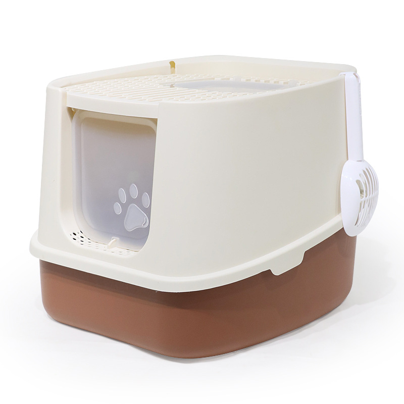 La caja de arena para gatos completamente cerrada es de gran tamaño, a prueba de salpicaduras externas, la entrada superior, la caja de heces para gatos abierta, evita que el inodoro para gatos se desodore