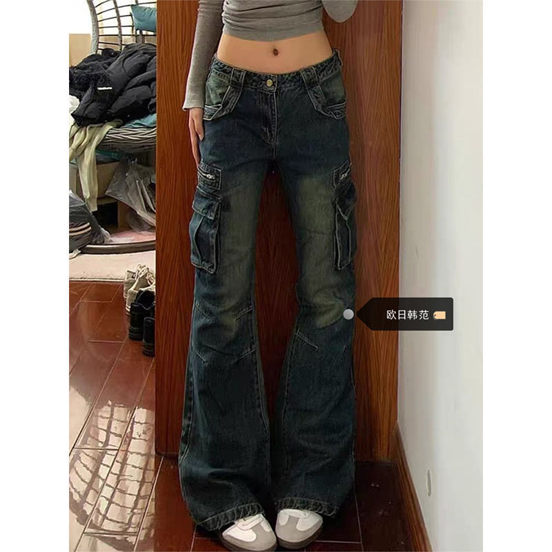 American Retro Pocket Cargo Flared Jeans for Women, New Slim Design Trendy Long Pants American Retro Pocket Cargo Flared Jeans for Women, New Slim Design Trendy Long Pants