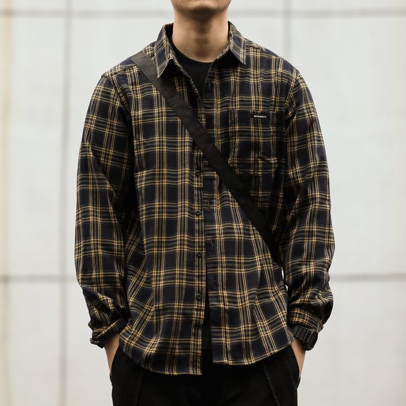 Japanese cityboy Retro Plaid Shirt Men's High-end Loose Long-sleeved All-match Casual Shirt for Teenagers and Students