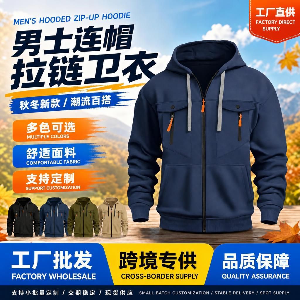 工厂直供跨境男士新秋冬男士卫衣休闲潮流拉链套头卫衣连帽衫定制