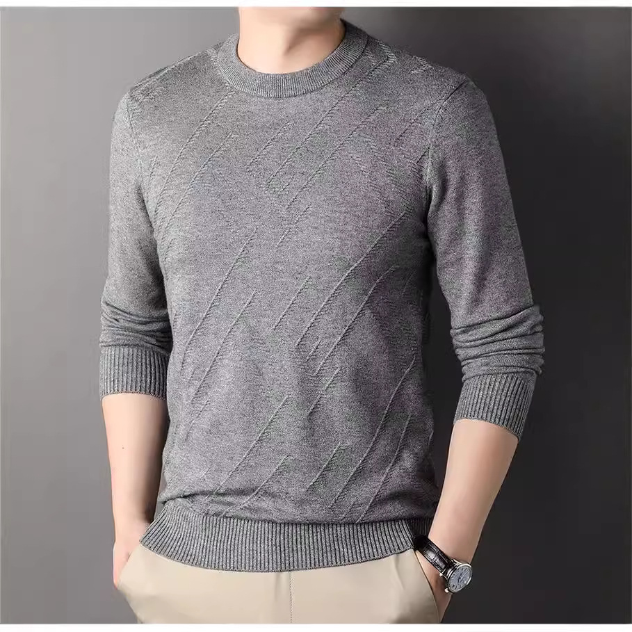 Suéter de hombre, camiseta de fondo, jersey Jacquard de color sólido, camiseta casual de mediana edad, cuello redondo, suéter casual de moda para hombres