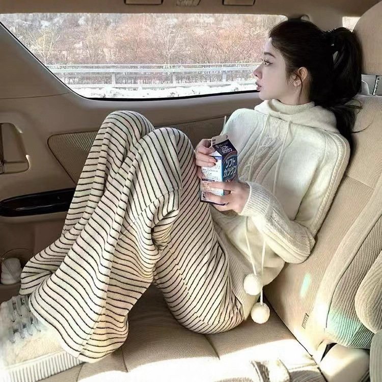 软糯条纹糯米裤子女阔腿裤垂感慵懒遛弯裤秋季宽松休闲直筒长裤|undefined