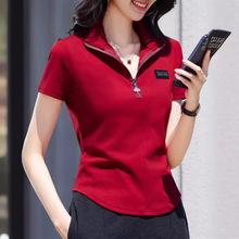 纯棉短袖t恤女夏季2024新款拉链半开翻领修身韩版百搭上衣时尚潮