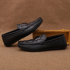 夏季單層皮質豆豆鞋 休閒舒適軟底軟面懶人鞋 青年一腳蹬印花單鞋