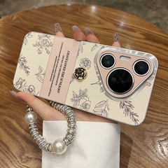 Huawei pura80pro+ 新しい携帯電話ケース Pura80Ultra ハイエンドスケッチカメリアレザー pura70pro ブレスレット付き mate70pro オールインクルーシブ落下防止女性に適しています
