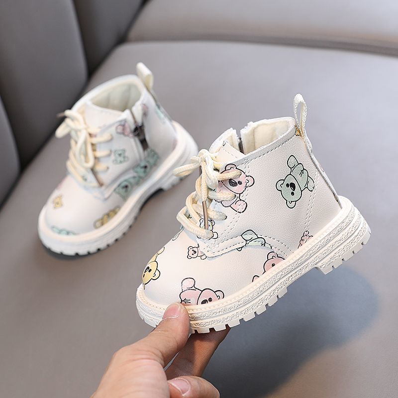 Toddler Shoes for Girls, Autumn and Winter Models for Ages 1-3-5, Baby Short Boots for Girls, Leather Boots with Fleece Lining, Toddler Cotton Shoes