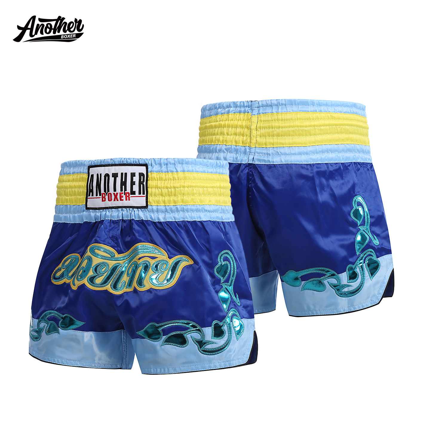 ANOTHERBOXER blue patchwork Thai boxing shorts for combat and kickboxing